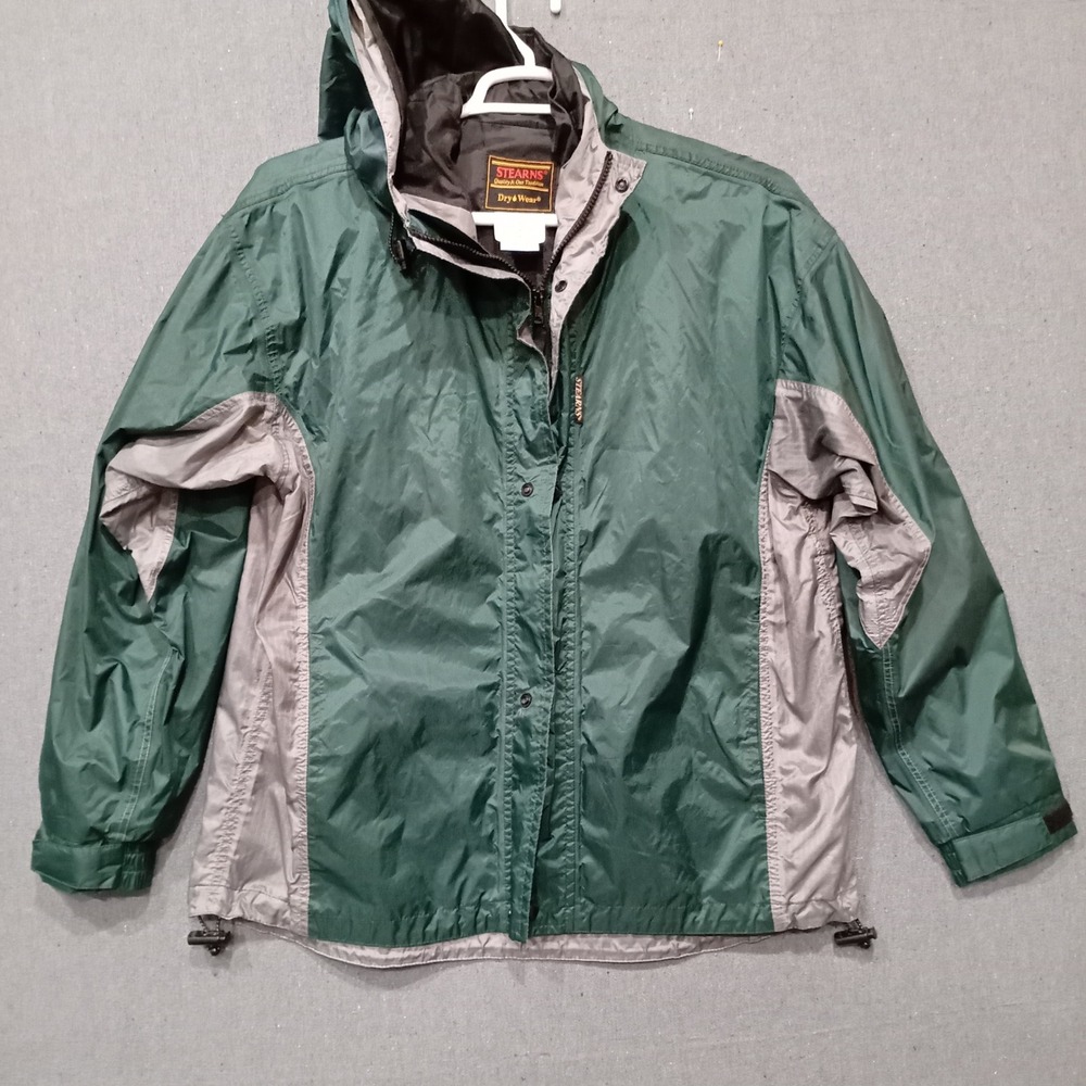 Vintage Stearns Dry Wear Green Charcoal Rain Jacket Hooded Nylon Shell Mens Med